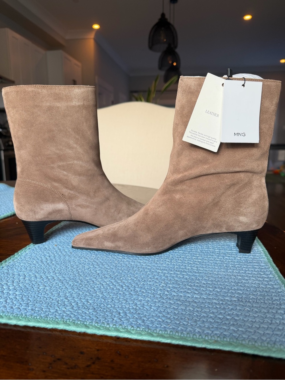 Mango Taupe Suede Pointed-Toe Mid-Heel Ankle Boots